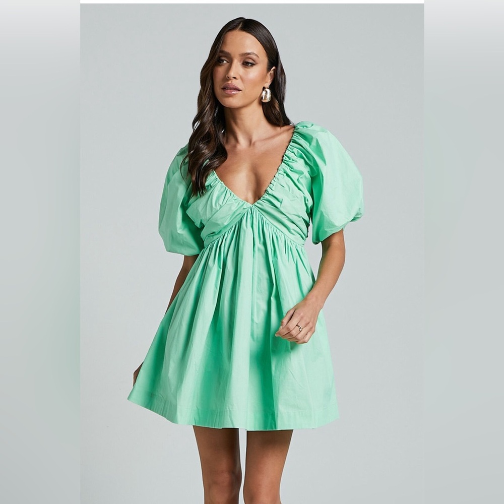 NWT Showpo Celine Mini Dress Puff Sleeve Waist Dress Mint Green